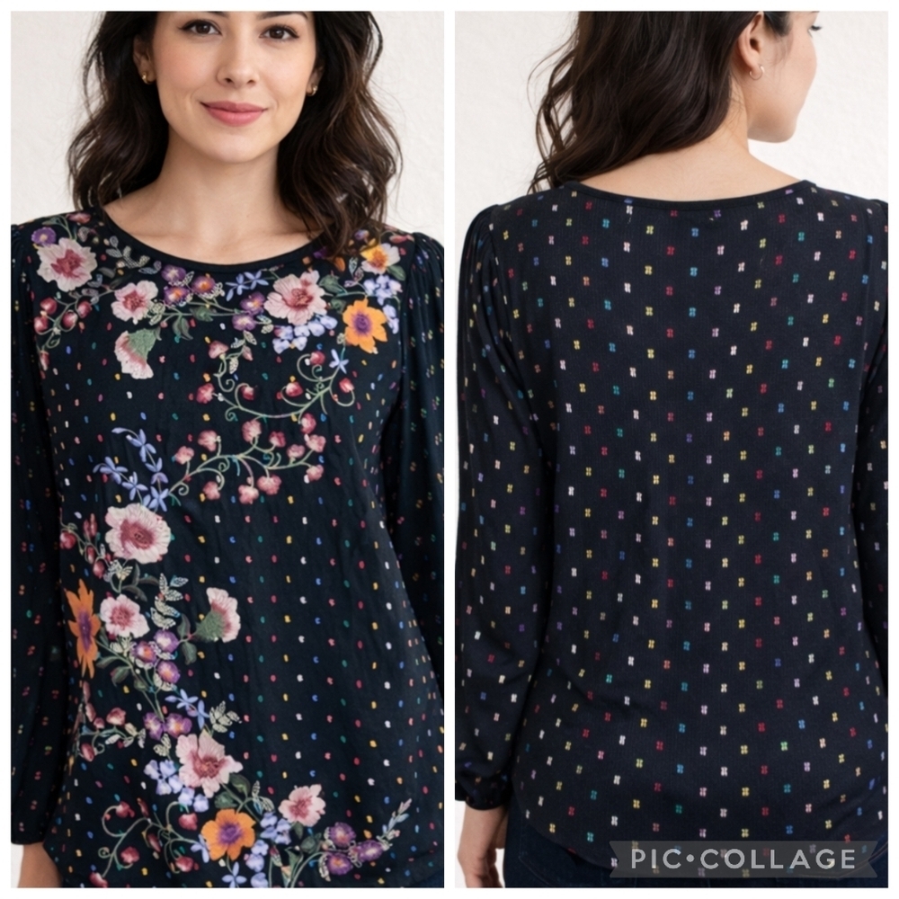 Vintage Black Multicolored Embroidered Floral Long Sleeve Top